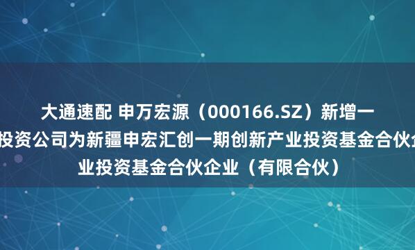 大通速配 申万宏源（000166.SZ）新增一起对外投资，被投资公司为新疆申宏汇创一期创新产业投资基金合伙企业（有限合伙）